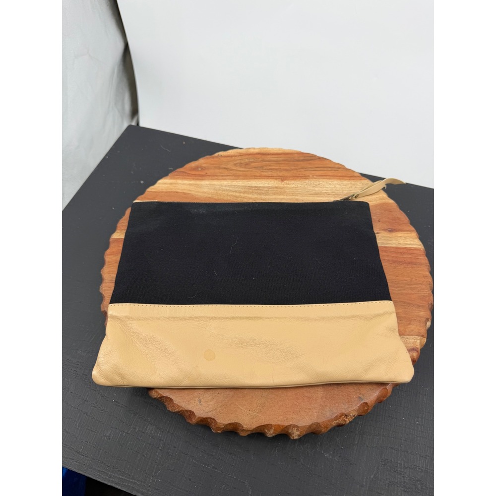 Nash Lewis Two-Tone Clutch Pouch Women Medium Black Tan Canvas Leather Zippered